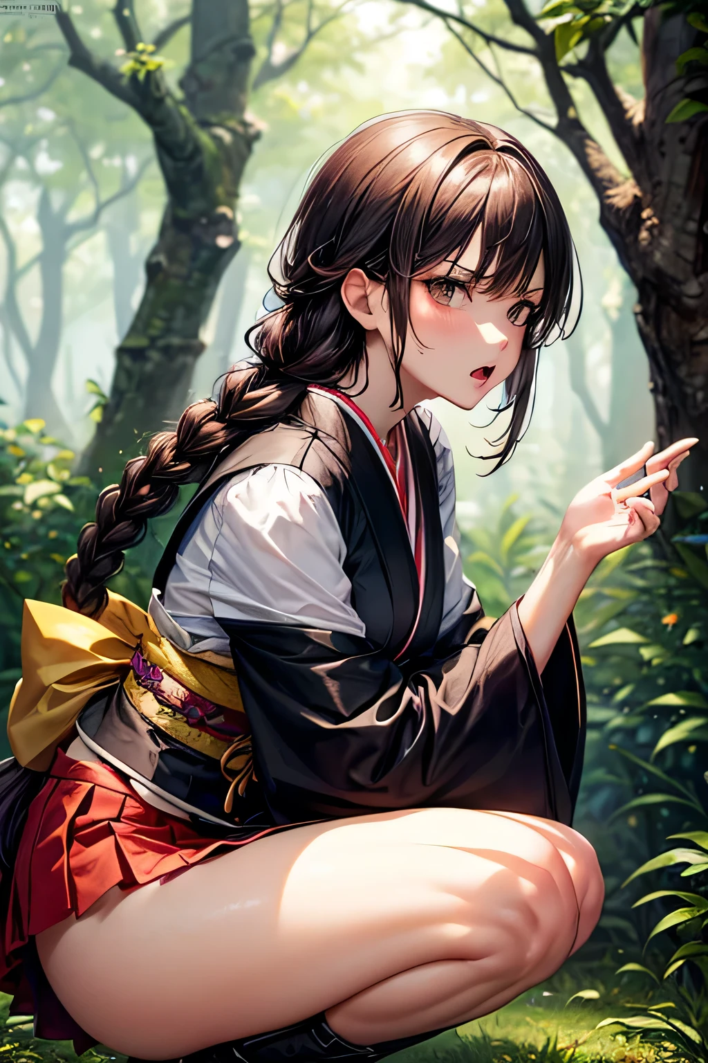 1women, (large breasts),(Very long black hair)٫(Wearing a kimono that exposes her breasts with a buckle design),(Sexy women's socks),(She puts a smoking pipe in her mouth),((masterpiece:1.5), (8k details:1.3), (unlimited details:1.2), (best eyes:1.4), (ultra clothes details:1.3), (highly detailed background), (vibrant colors), (dynamic lighting), (realistic skin texture), (intricate patterns), (sharp focus), (full-body view), (natural poses), (expressive emotions), (cinematic composition),(Sitting in a sexy way),(expressionless face),(anime style)