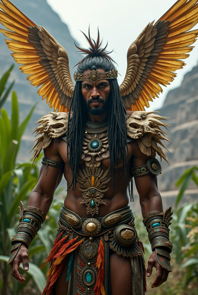 Black Demon Beautiful Male Black Man with Blue and Orange Details, Large Wings, Forest in the Background, Vibrant Colors, Full Body, Detailed Face, Detailed Hands, Detailed Legs, Detailed Fingers, Detailed Hair, Detailed Eyes, Detailed Skin, Lush Vegetation Blurred Background, Vibrant Colors, Lush Light, Soft Light, Sunset Light, Smooth Light, Symmetrical, Full Body, Reflections, HDR Dynamic Lighting, 8K Resolution,  cinematic film, smooth, sharp focus, realistic, strobe light beams, ((blurred background)):1.7, (((depth of field)) ):1.8, cinestill 800t 35mm, high quality, heavy grain, high detail, cinematic composition, dramatic light, anamorphic, ultra wide lens, hyperrealistic
