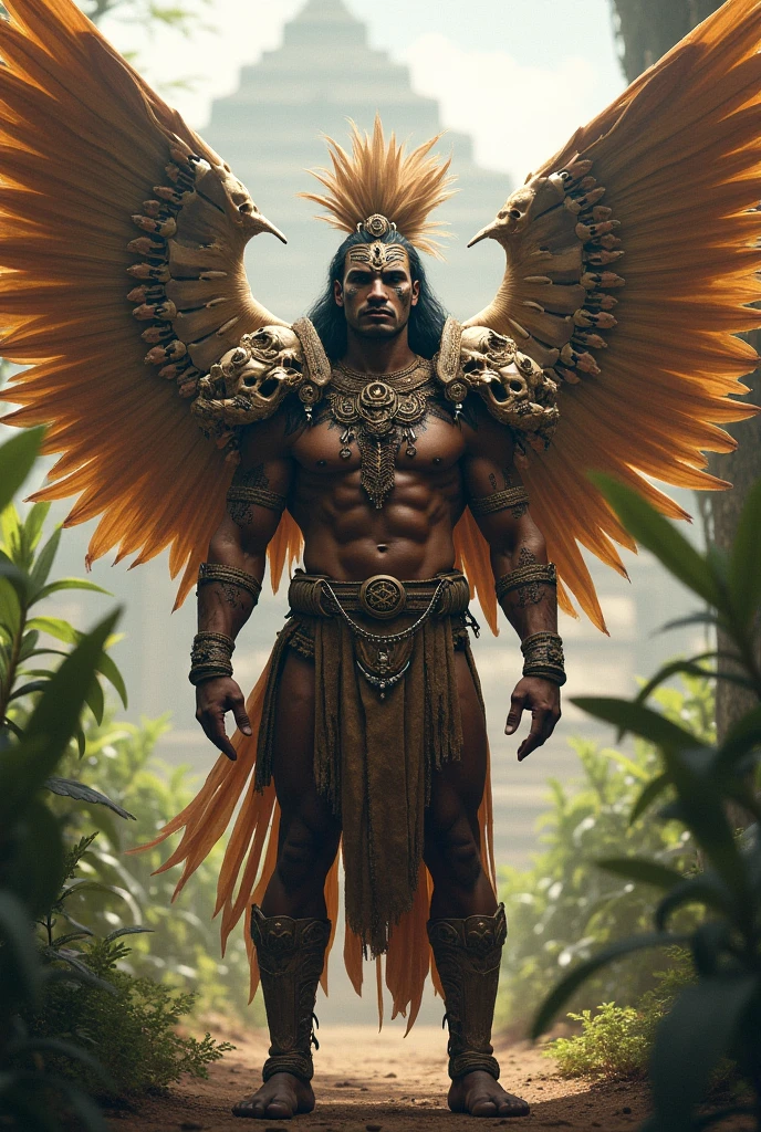 Humanoid character, brown skin, Tupi Guarani amulets, parrot macaw wings, and human body, tall body and covered with feathers, Amazon rainforest scenery, bright colors, 8k quality, cinematic focus, trend in artstation