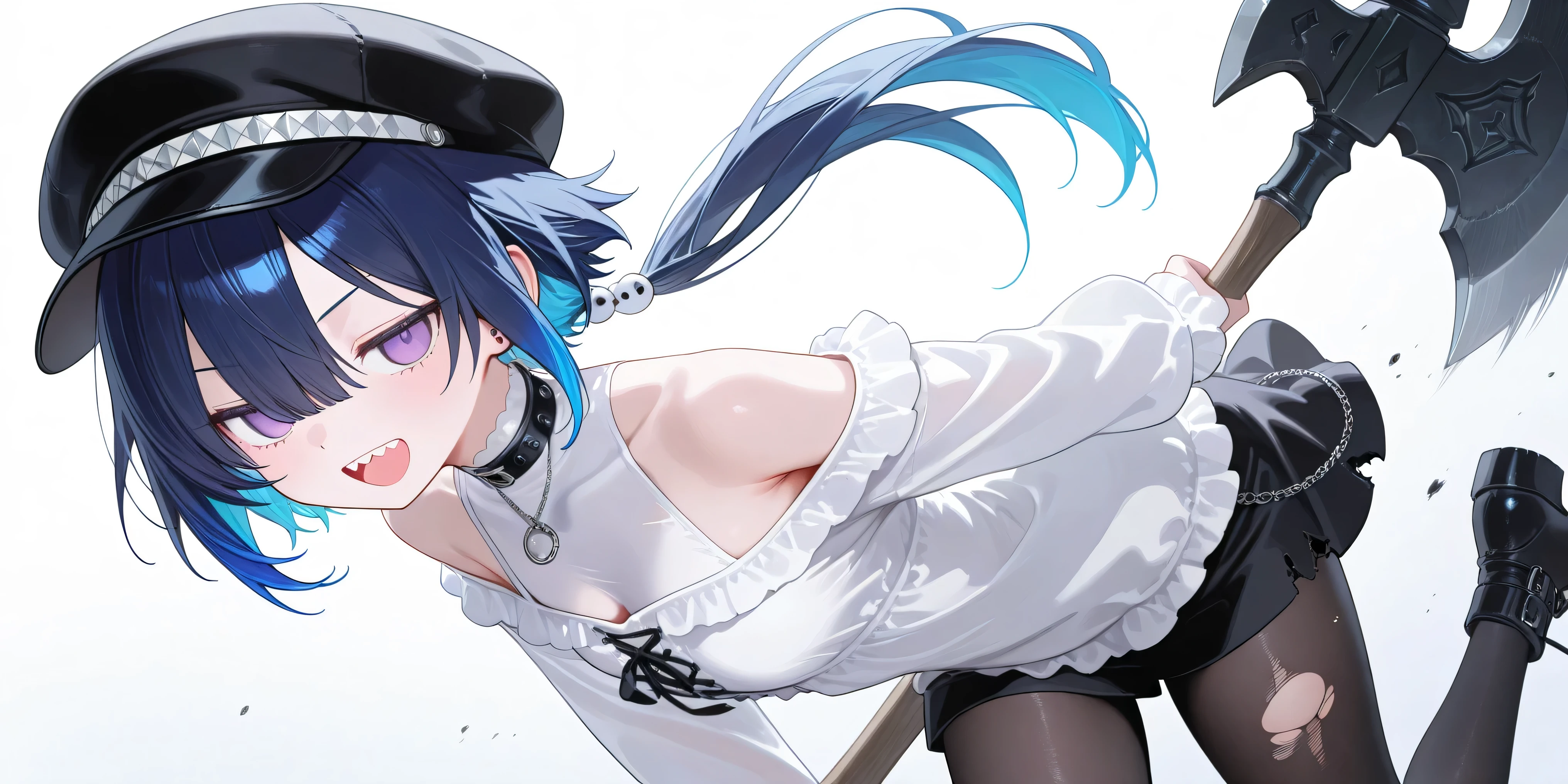 、High Quality、、 boyish girl、motion blur effect 、 black hat  、Hair Accessory、Blue hair、double teeth、low ponytail、Stupid hair、damaged black pantyhose、solo、、 Casual white goth fashion showing off both shoulders、detailed depiction、4K、8k、Extremely detailed、HDR、super high resolution、、非常にdetailed depiction、Professional、 simple eyes 、Slam a giant axe