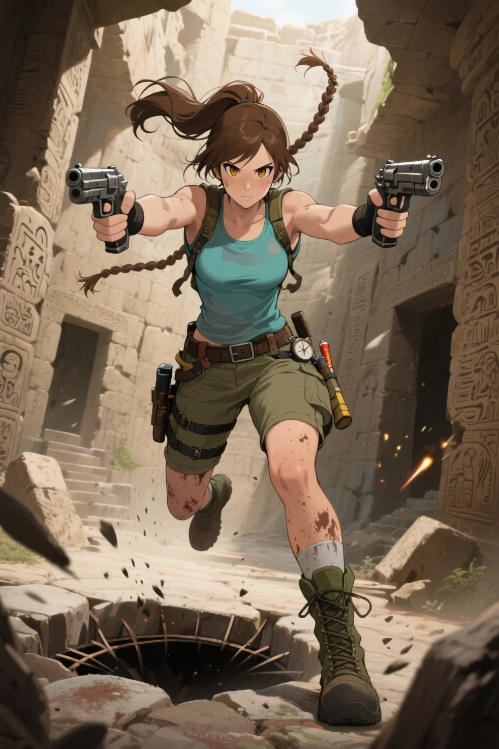 (best quality, masterpiece1.2), (detailed eye:1.2), complex detail, depth of field, 1girl, jungle, crop top, angry, sweat, brownhair, exploration, embarrassed, backpack, (tomb raider: 1.2), (Lara Croft: 1.2), gun strap to leg, action, dynamic, (big fire), Bullets flying, temple
