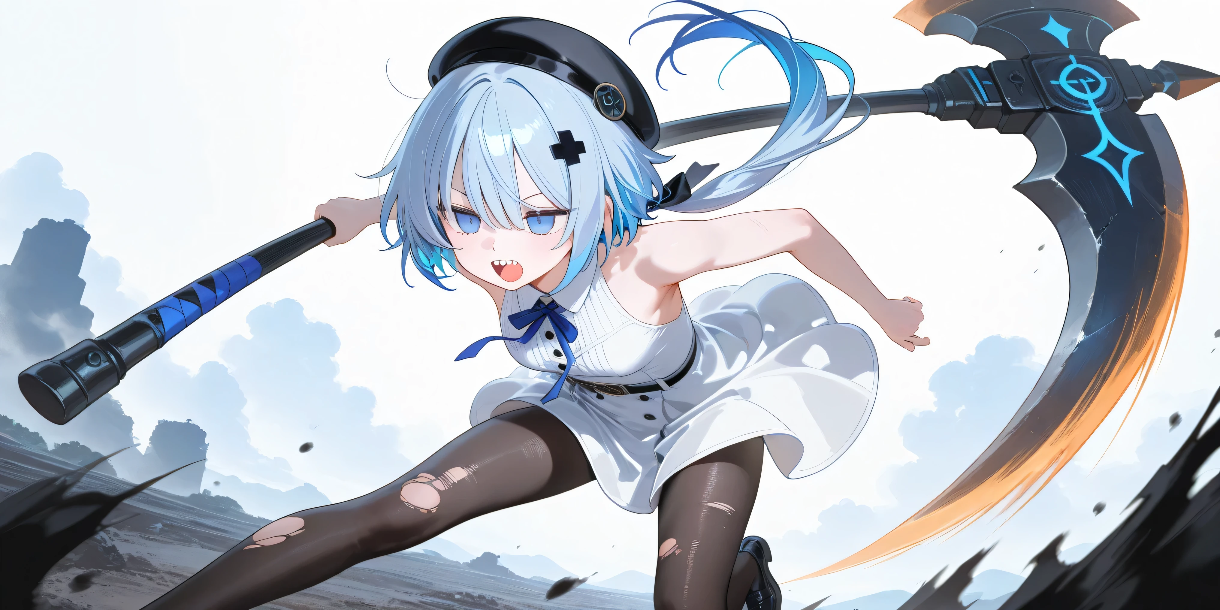 、High Quality、、 boyish girl、motion blur effect 、 black hat  、Hair Accessory、Blue hair、Double teeth low ponytail、Stupid hair、damaged black pantyhose、solo、、 casual white dress showing both shoulders、detailed depiction、4K、8k、Extremely detailed、HDR、super high resolution、、非常にdetailed depiction、Professional、 simple eyes 、Slam a giant axe