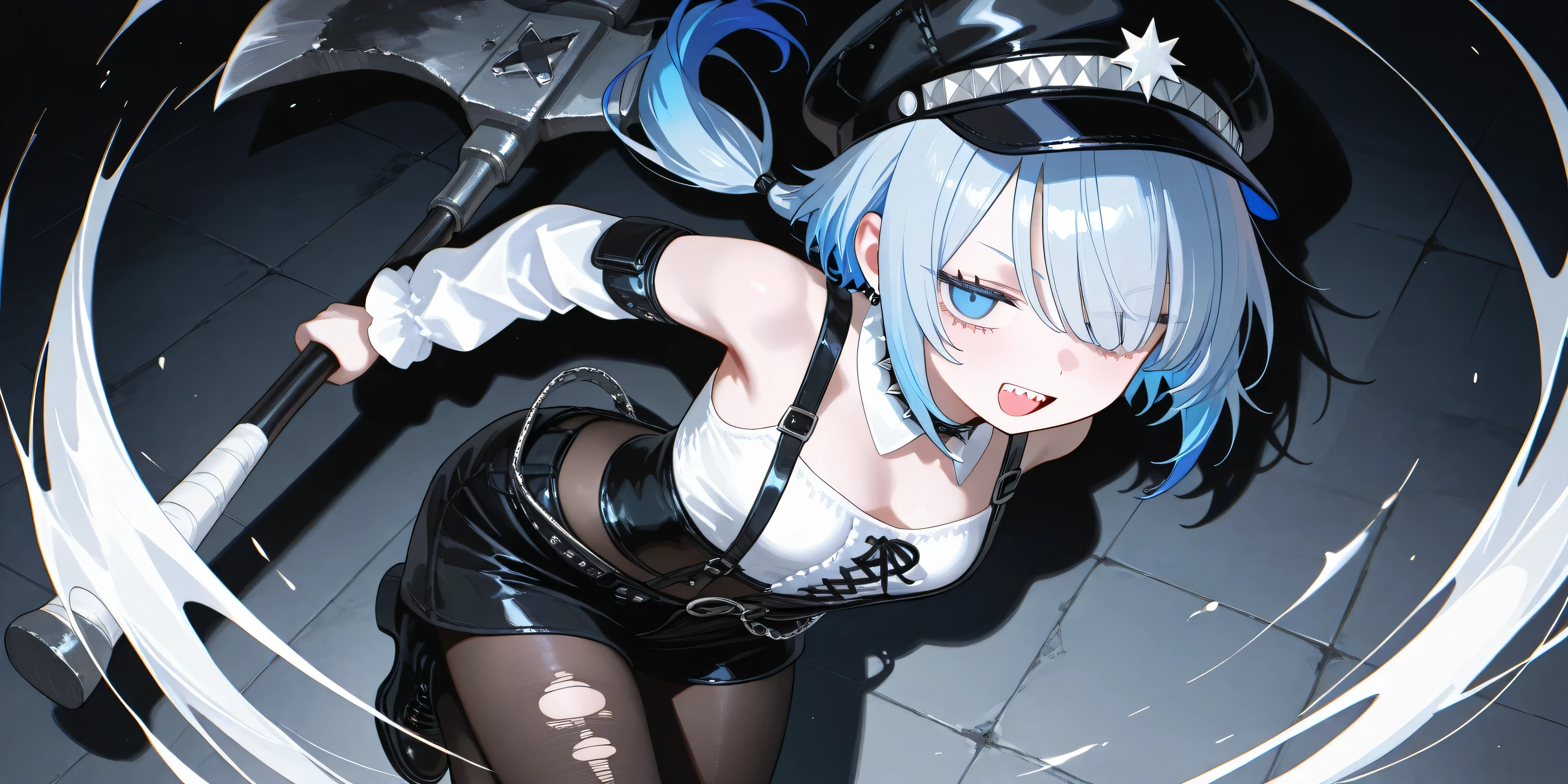 、High Quality、、 boyish girl、motion blur effect 、 black hat 、Hair Accessory、Blue hair、Double teeth、low ponytail、Stupid hair、damaged black pantyhose 、solo、、 casual white punk rock wear、detailed depiction、4K、8k、Extremely detailed、HDR、super high resolution、、非常にdetailed depiction、Professional、 simple eyes 、Slam a giant axe