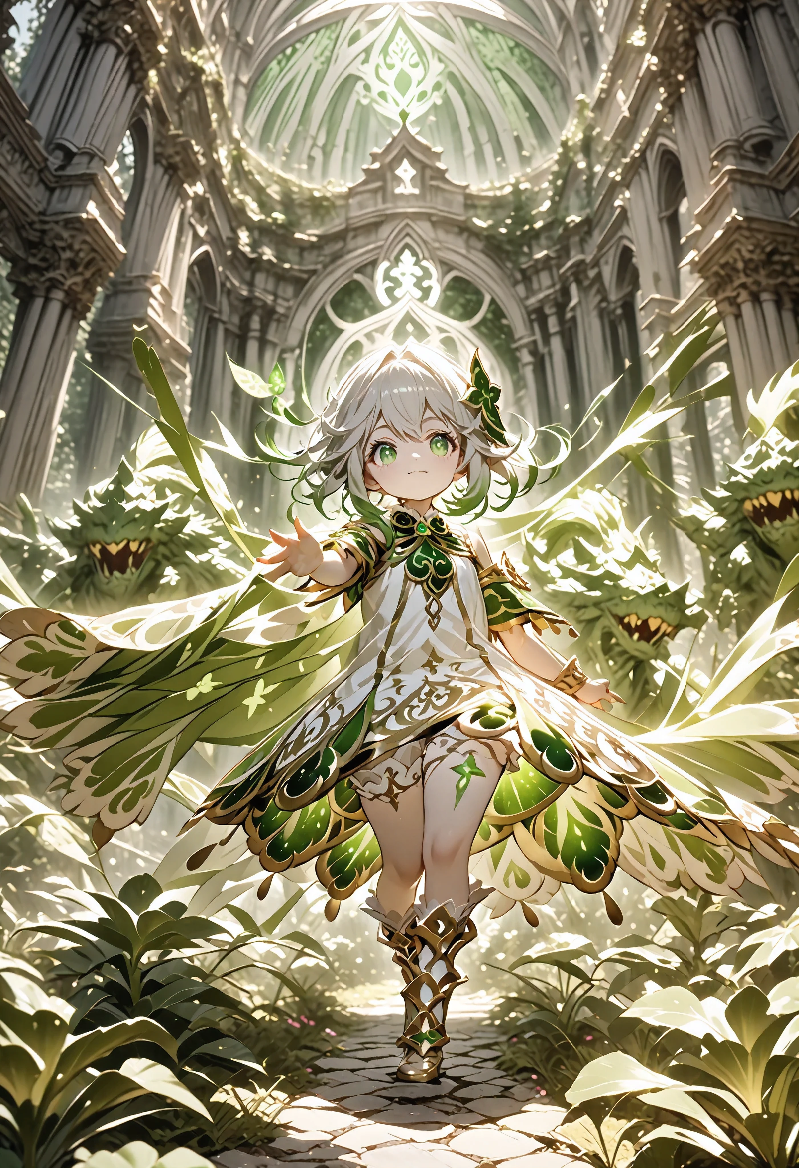 It looks like Nahida's white-based clothes are waging a battle with monsters with magic
