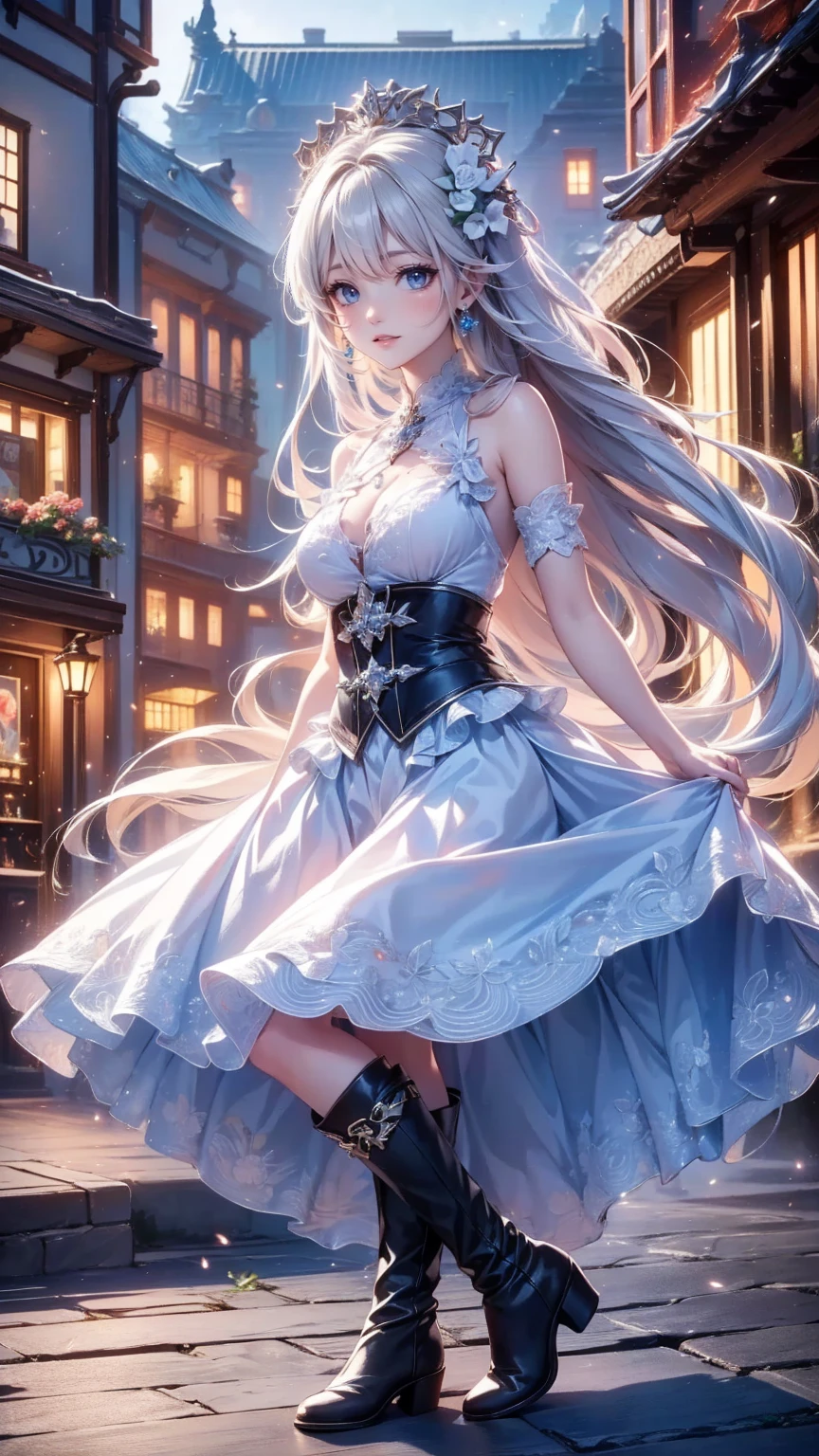 (masterpiece:1.5, Highest quality, Very detailed、 Dutch Angle、Semi-Realistic、Fantasy)(One girl, alone)(White and beautiful hair:1.4,,Straight Long Hair)(White based dress)、((Off the shoulder、Medium Chest、ruby necklace))(from backside,Legs wrapped in tights)(Beautiful starry sky、Mystical Night、Particles of light float around the woman、Fantasy space)