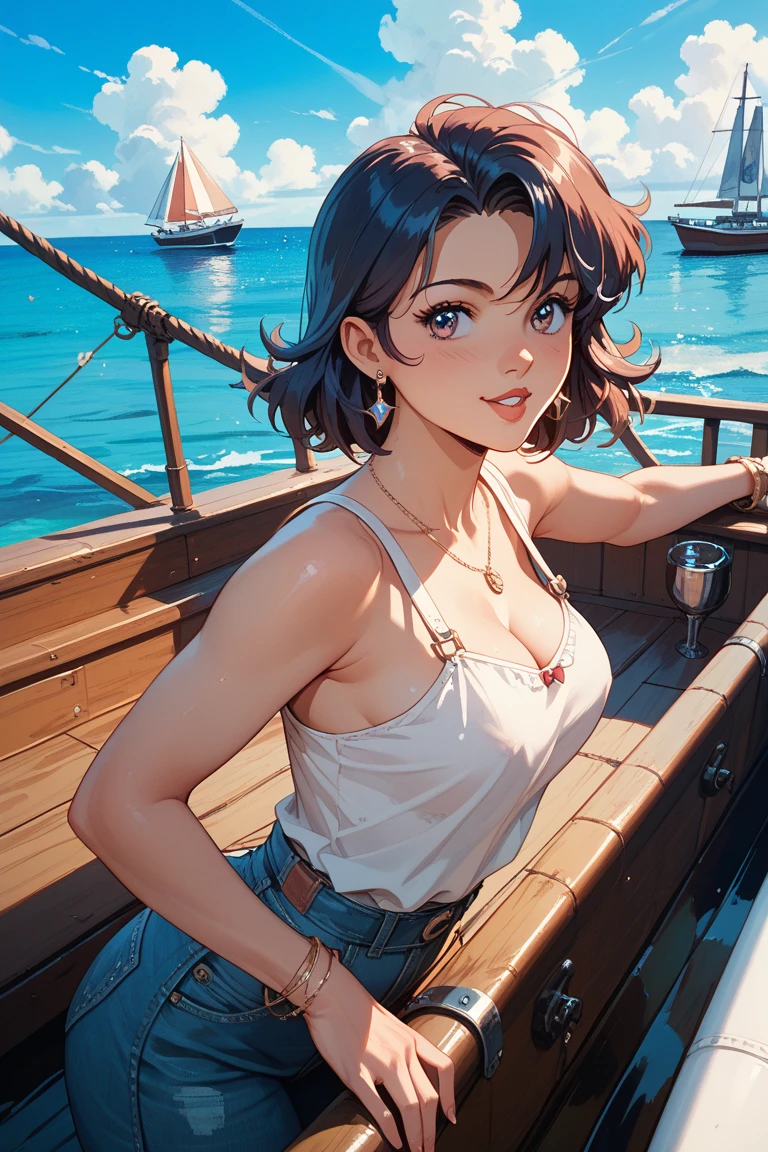 (Best quality, 8k, 32k, Masterpiece, UHD:1.2),Photo of Pretty Japanese woman,black short hair,beauty face,(leaning forward:1.3),squatting,(from above:1.2),(close up:1.4),pov,,looking at another,smile, loose t-shirt,large breasts,beautiful nipple slip,outdoors,windy,shiny skin,blurry background