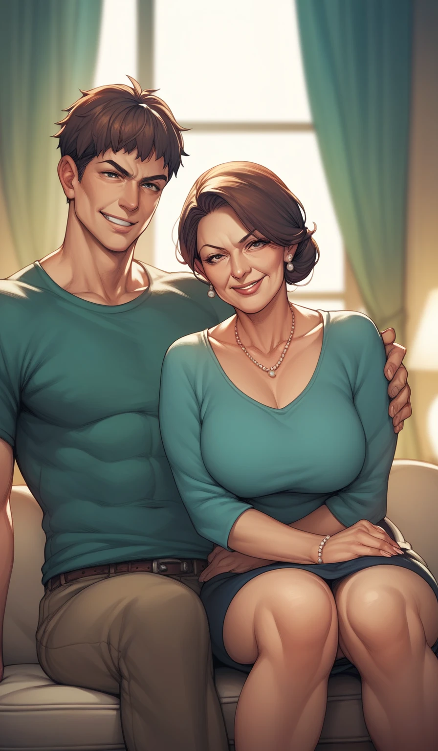 Busty woman and teen boy. couple. aunty. Revealing casual outfit. seducing smile, livingroom