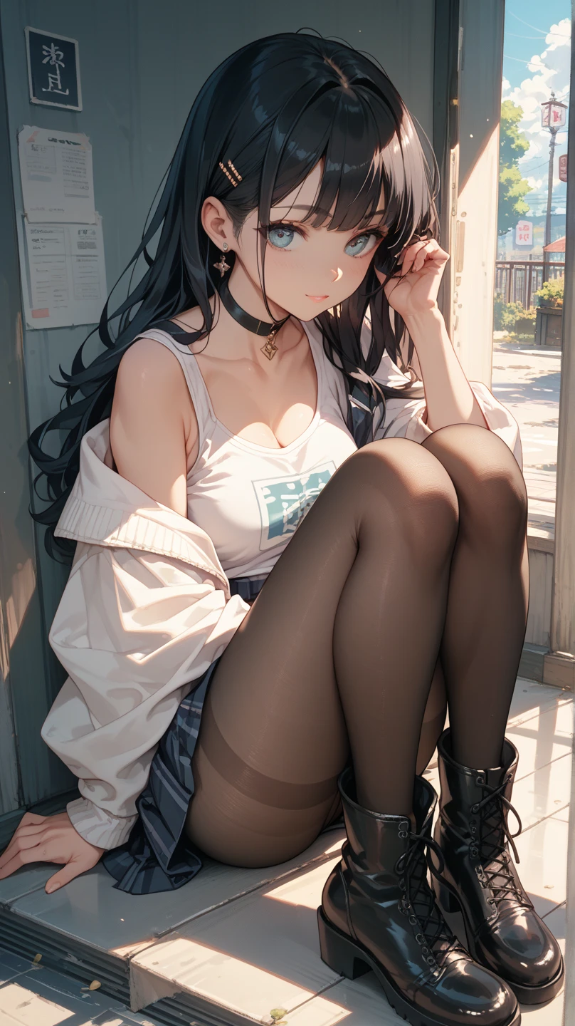 girl in summer clothes, squatting on the ground, black pantyhose, making as if she wants to kiss you, view from the viewer, long mid hair, medium breasts, cleavage, cityscape, flirtatious look, ((very detailed)), (perfectly detailed face), (well detailed hand) photorealistic image.
