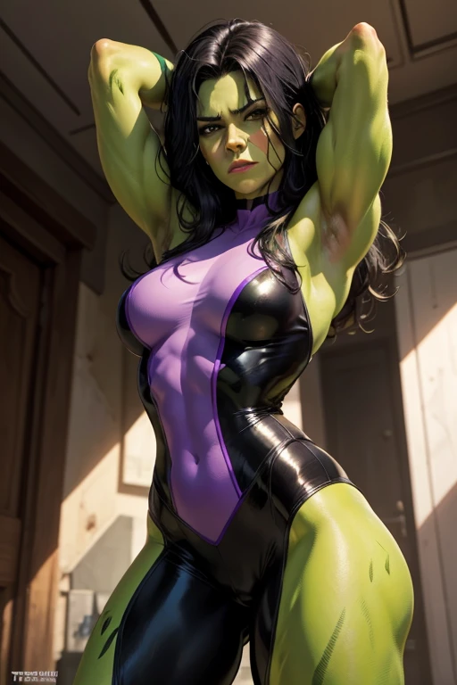 New York, time square, green body, white swimsuit, She-Hulk, also known as Jennifer Walters, beautiful character, beautiful face and striking eyes from Marvel Comics. She is a brilliant lawyer and the cousin of the original Hulk, Banner Bruce. After receiving a blood transfusion from Banner, Jennifer acquires powers similar to his. However, unlike the uncontrollable Hulk, she retains her personality and intelligence while in Hulk form. wearing a heroic revealing white bathing suit. She-Hulk is known for her confident attitude and sense of humor, making her an endearing figure in the Marvel universe.