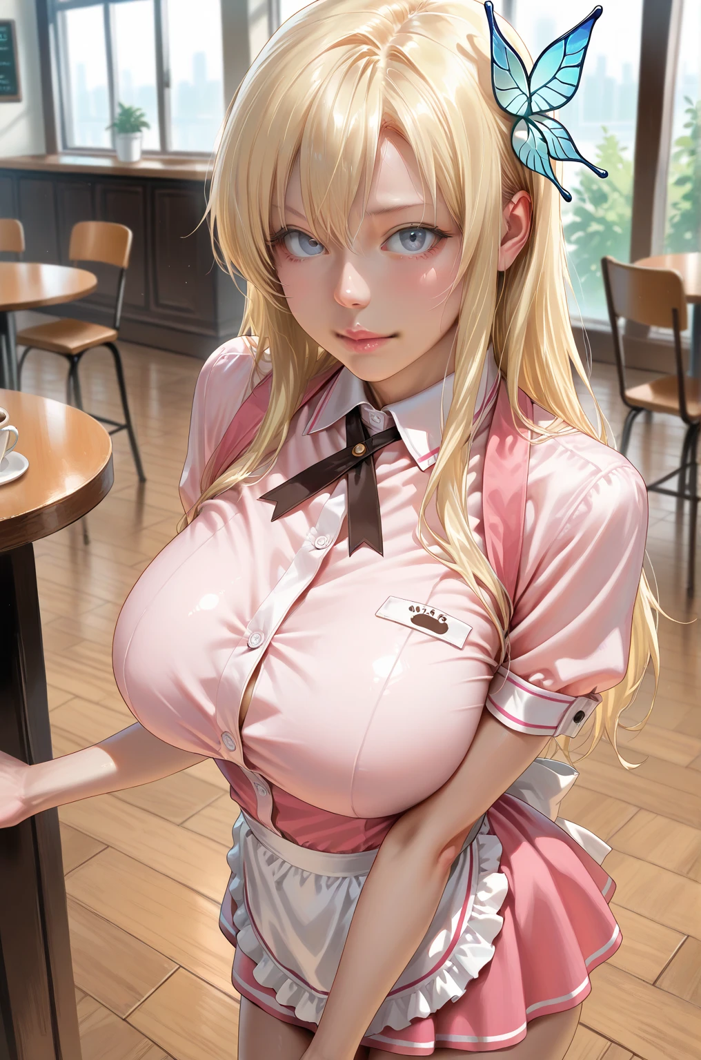 Meisterwerk, (realistisch), high-res, hochdetailliert, kompliziert, Beautiful women, rote Haare, blaue Augen, Sommersprossen, detailliertes Gesicht, maid outfit, looking at viewer, showing boobs, smile, huge boobs, in Cafe, serving you, lehnen, nude boobs, pink nipples