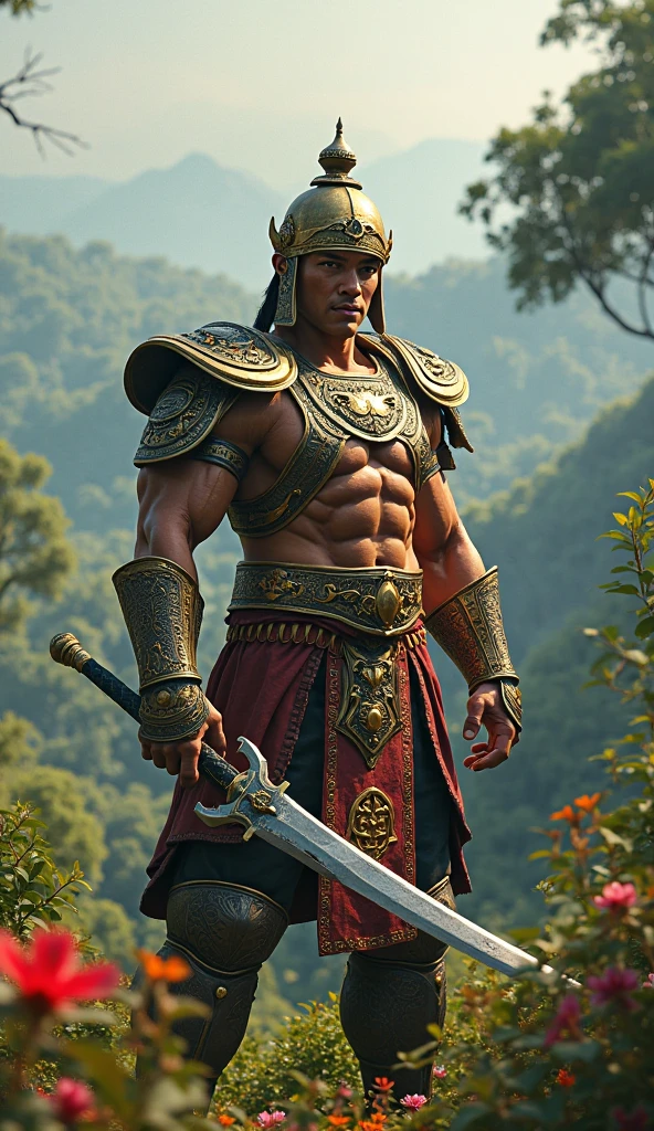 full full body photorealistic Handsome Eco super ripped abs buff body, standing in brown and yellow latex with thick filigree leaves and vines tribal armor and headband,.concentrated and dramatic face, dream vision, extremely realistic, perfect face, perfect eyes, masterpiece, artwork of intricate art, arts station. 4K HD, dark night light, dynamic, dynamic pose, action, motion blur, wide angle, cinematic lighting, post processing, dramatic compositing, dramatic view, dramatic angle viewing. sunshine  as background