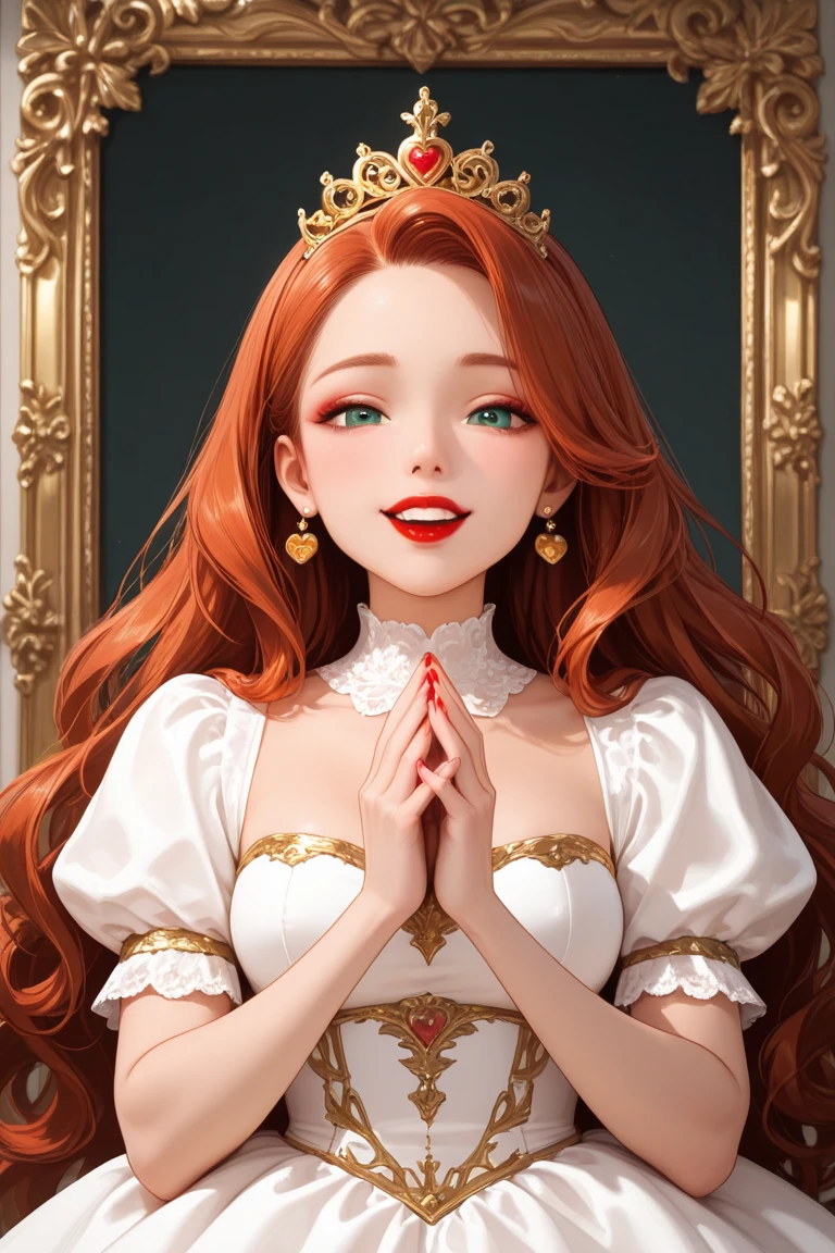 1 girl, portrait of the empress, crown, red eyes, brown hair, white dress, royal family, elegant, pretty smile, front focus, focus eyes, details, sit in chair