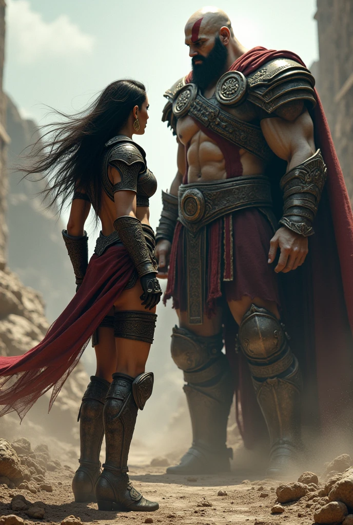 (RAW photo), (Realistic), (photo-realistic), ultra high resolution, masterpiece, highest quality, portrait, facial portrait, perfect lighting, detailed lighting, dramatic shadow, ray tracing, 1 man, ((the man is standing:1.5)), tall and muscular man, broad shoulders, (((good looking))), very short hair, gray hair, brown eyes, square jaw, thick neck, thick eyebrows, the high noon view of the ancient Rome Arena background, ((wearing a ancient Executioners costume)), 1 beautiful girl, ((girl kneeling beside)), ((slave costume girl)), 2 shot,