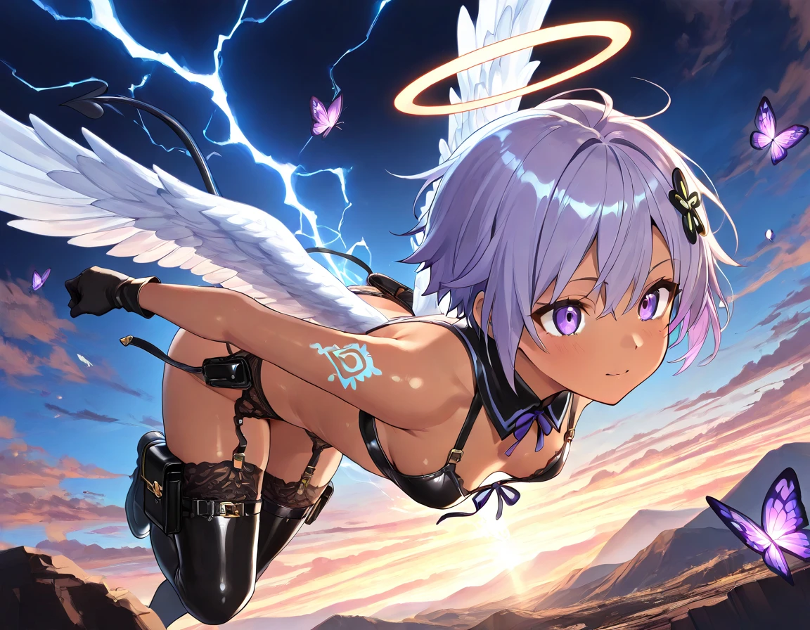 (top quality,4K,8k,high resolution,masterpiece:1.2),Super Detailed,HDR,超high resolution,studio lighting,Ultra Precision Graphics,Clear Focus,Physically Based Rendering,very detailed explanation,Professional,wide angle、Distant view、at an angle seen from above Mt. Fuji、green, ( colorful ), gradient blend, motion blur , Shiny Texture , moving composition , atmospheric perspective , Impressionism , , (masterpiece), ( top quality ), amazing, ( Beautiful eyes down to the smallest detail ), ( detailed depiction ), depth of field, Highly Detailed CG , Original , Highly Detailed Wallpaper , ( bright color), cinematic lighting, ( colorful ), depth of field、Fantastic Atmosphere,dark vibe、Manipulate Lightning,Wearing electricity on your body、Thunder directed at the ground、The extinction of a planet、I can see the flames burning up the ground、flying,Angel wings on your back、fly through the sky、Sky Before Dawn、Dark brown skin、purple hair、Very short hair、I'm trimming my back hair、side lock hair、stupid hair curled from the top、boyish、thin long eyebrows、brown skin、purple butterfly tattoo on the left shoulder、Dot butterfly tattoo、small breasts、Does not hide the breast、hair ornament,hair clip,Hair between eyebrows,split the bangs,purple eyes,black horizontal string underwear、underwear with a small area、leather leg pouch、 garter belt、garter ring、From butt to devil's tail、