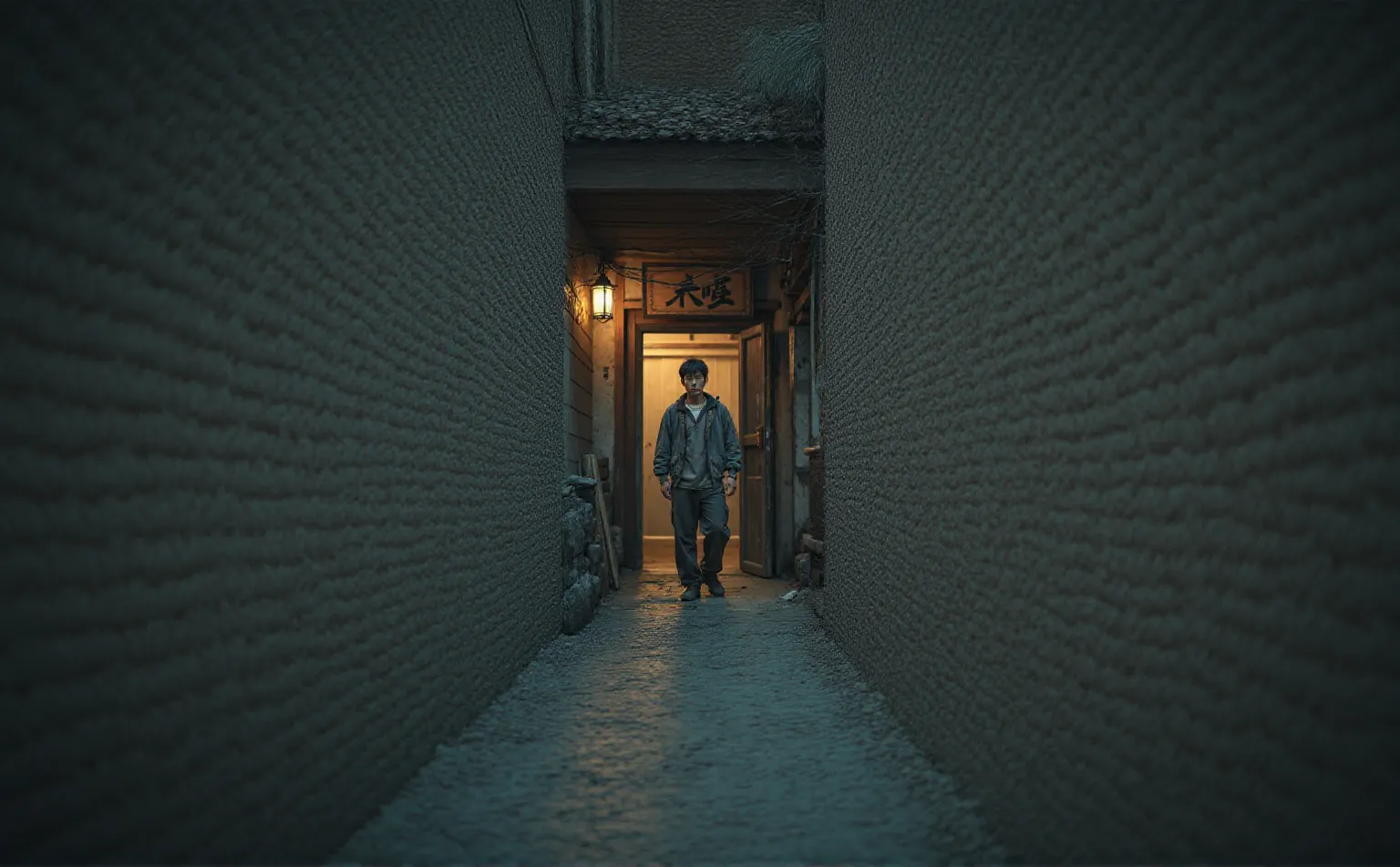 (masterpiece, top quality, highest quality, official art, beautiful and aesthetic: 1.2), very detailed, highest detail, night, rain, wet ground, ((in the dark, small rain shelter space leaking orange light, wooden, tiled roof: 1.2)), tired man taking shelter from the rain, crouching, mysterious, retro building, mysterious atmosphere, Japan street corner