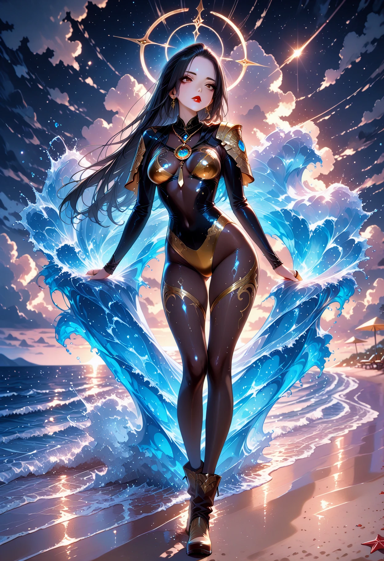 ((masterpiece, best quality)), Epic battlefield atmosphere,Delicate face,,dark skin,seaside,Beach,whole body,Standing picture,glowing eyes,Large Breasts,Perfect body proportions,Pure white background,firefly,Transparent sex bikini
