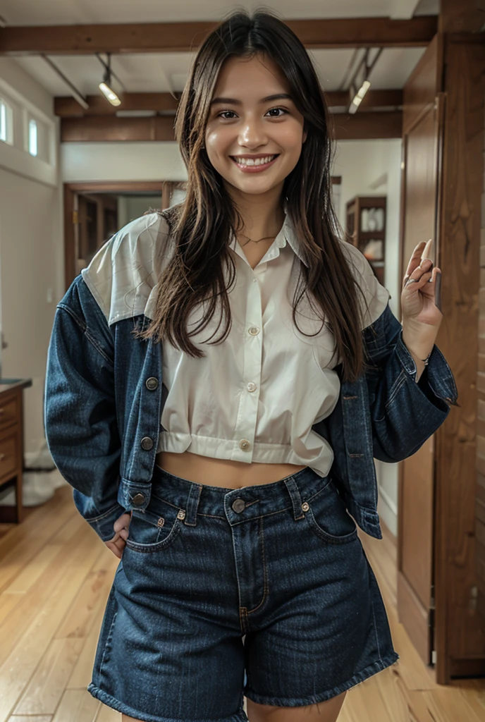 A beautiful young woman, 18 years old, with a slender figure, wearing a short-sleeved denim jacket and denim shorts, smiling shyly while gently petting her dog that is sitting beside her, realistic, photorealistic, cinematic lighting, warm color tones, highly detailed, masterpiece, 8k
