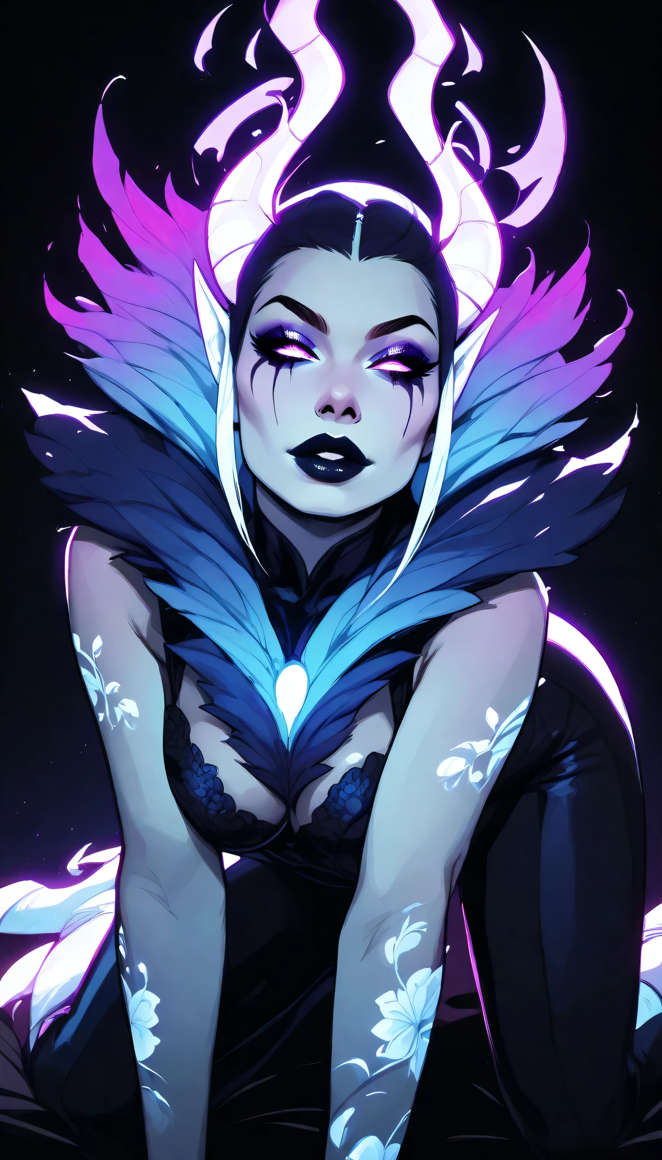 Seductive blacklight creature. be half angel, half devil. Intricate floral skin. Flawless appearance. dnd character.  dnd. ((Seductive Pose. ON ALL FOURS, Crawling)), lips uckered, ((Eye Focus Breast Focus, seductive Focus)), glowing