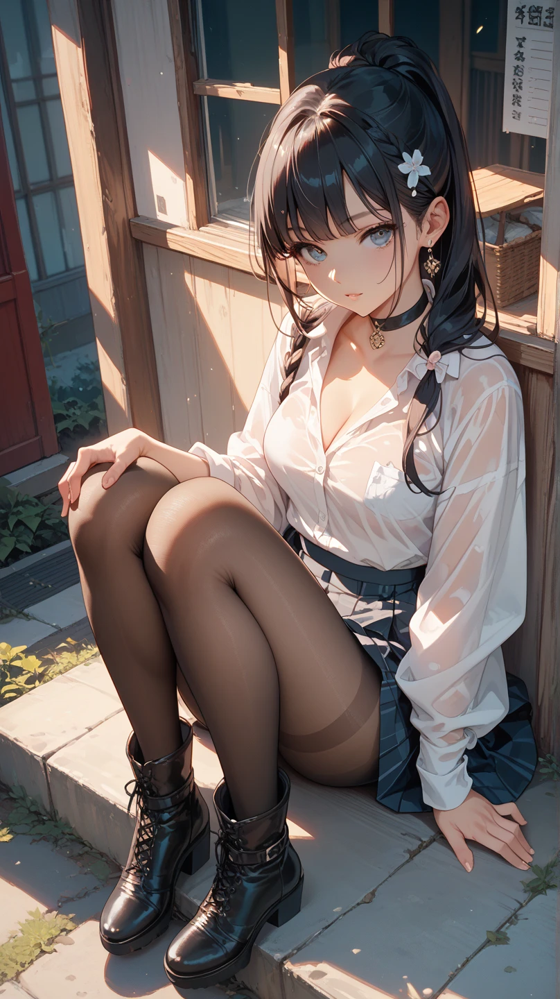((Biologically correct limb count))、((Natural finger shape))、((Full Body Shot, Including face))、Standing position、4K、masterpiece、((Focus on the face))、((Symmetrical facial features))、Eye for detailed depiction、Beautiful woman、Excellent style、Beautiful clavicle、Beautiful feet、Slender body、(Small Ass、Thin thighs）、(Black Stockings、High heels）、Facial detailing、Small earrings、necklace、Low angle photo、(Lingerie）、Park scenery on a holiday morning、Strong sunlight、(((With your mouth open、Expression with closed eyes)))、(((Lean your body back and sit on the bench)))、Hands clasped behind back to accentuate breasts、(Face the camera)、Photograph the side of the body