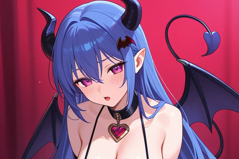 astaroth (shinrabanshou), demon tail, heart earrings, low wings, demon horns, demon girl, blue skin, black sclera, long hair, yellow eyes, large breasts, demon wings, blue hair, pointy ears, navel cutout, bridal gauntlets, detached collar, bracelet, choker, highleg, solo, cowboy shot,