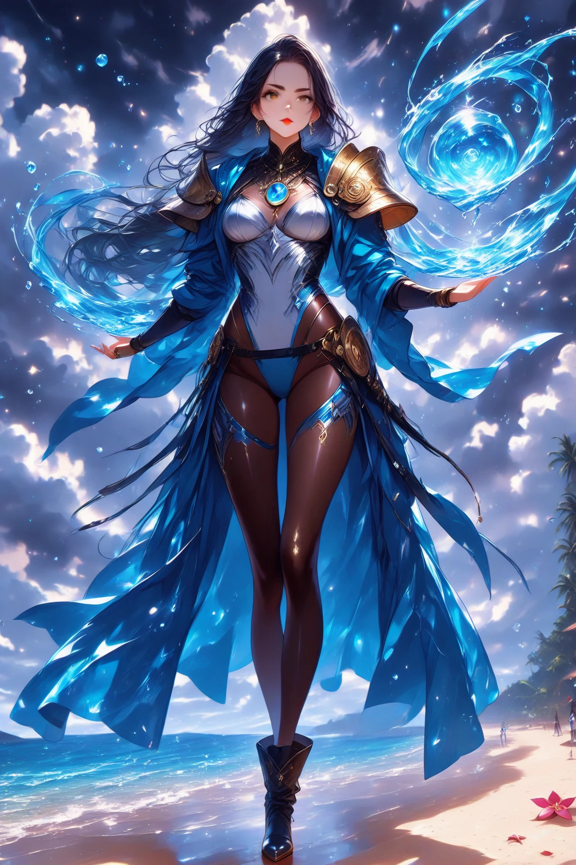 arafed woman in a blue dress sitting on a rock, Lucian, lunar goddess, karol bak uhd, portrait of a norse moon goddess, moonlit night dreamy atmosphere, Fantasy Woman, Goddess of the moon, dream magical、aethereal、darkly, Ethereal beauty, lunar goddess, Beautiful Rapunzel, beautiful fantasy maiden, dreamy night,detailed face, detailed eyes, detailed hands, full body,, neon colors, lights