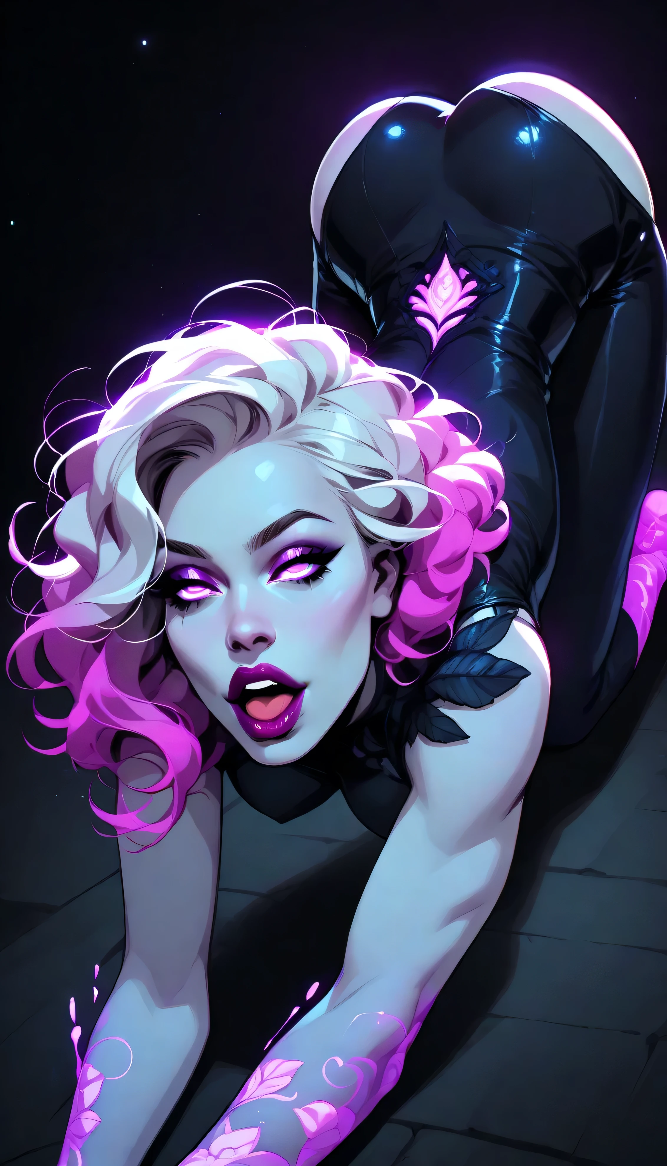 Seductive blacklight creature. ((Sexy Moaning)). Horny. be half angel, half devil. Intricate floral skin. Flawless appearance. dnd character.  dnd. ((Seductive Pose. ON ALL FOURS, crawling)), lips puckered, ((Eye Focus Breast Focus, seductive Focus)), glowing