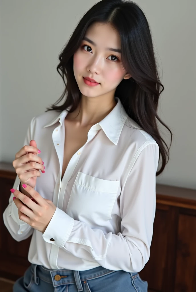 realistic photos of (1 cute Korean star) straight hair, thin makeup, 32 inch breasts size, slightly smile, wearing waist tie shirt, on the dining room, front view, upper body portrait, blending, reflection light,