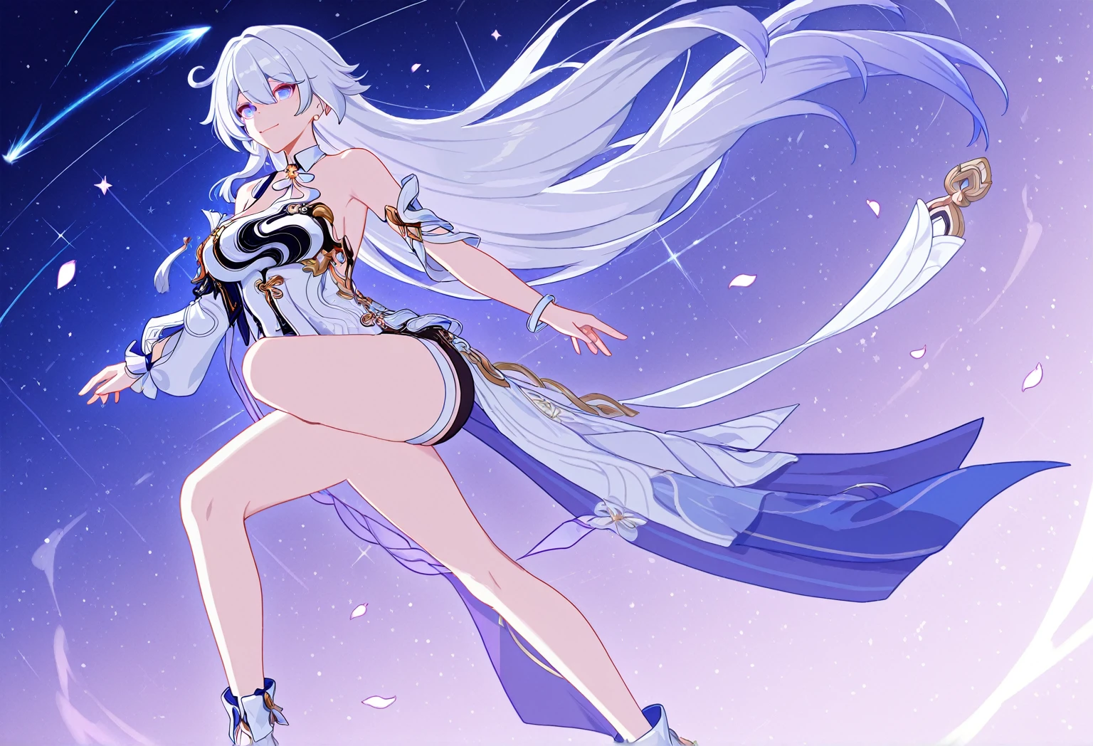 Blue Ribbon, white hair, long hair, wing hair, White wing, off the shoulder coats, white Short dress, full body, concept art, purple inner hair, star eye