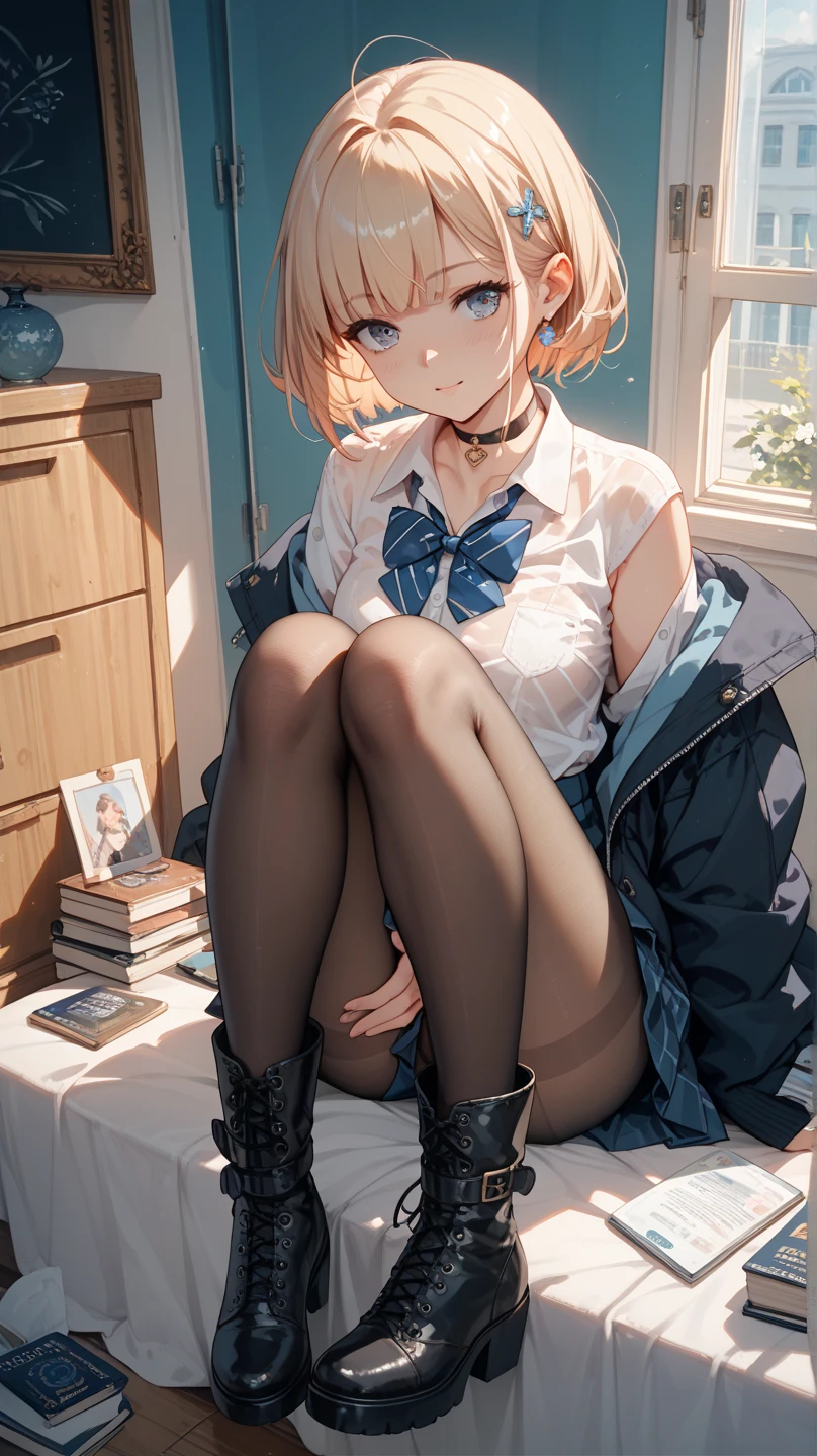 highest quality, masterpiece, High resolution, (Head to Toe full body), front, frontやや下からの構図, Symmetric, 18 year old tall girl, alone, (Head to Toe), (Small breasts), Unkempt brown hair, bangs, (black tights), (Black Pantyhose), (Sit with your legs apart), (Crouching pose), (Composition depicting white panties), (Her legs were spread、I see your white pants.), (I was made to sit on the floor with my legs spread...), (M-shaped feet), Thin legs, A very beautiful and tall 18 year old girl, (No shoes), blush, Shy big eyes, Looking at the camera, Blazer uniform, Checkered Pleated Skirt