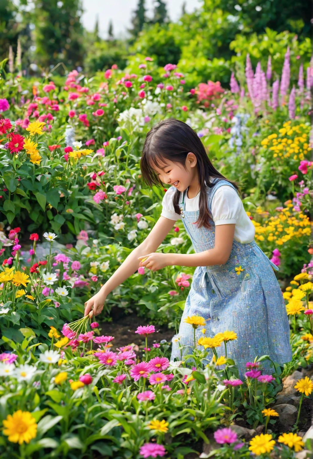A cute girl plucking flowers from a garden