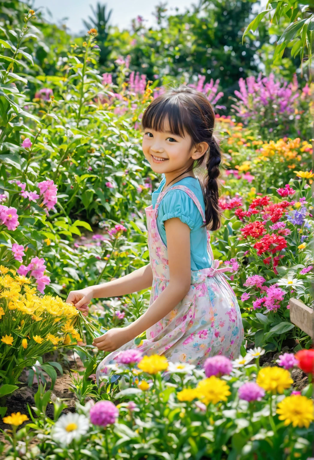 (Imagine:1.3), (full-body shot:1.5), (Wide_shooting:1.4),(full_shooting:1.4),(Fresh and natural style:1.3),Character concept design,In this vibrant and heartwarming picture,(An innocent smile:1.2),(Smart eyes:1.1),(A little girl seems to be in a beautiful garden:1.1),(Her expression was full of joy and curiosity.:1.2),It's like exploring an unknown and wonderful world,Her eyes reflected colorful flowers,Surrounded by flying butterflies,(Starting from the top of the head and spreading to the shoulders:1.2),就像被欢乐enclose后洋溢的幸福,Hair is like soft silk,Creates a cute hairstyle,pink发带和装饰仿佛来自春天,Light and embellished on her dress,Like petals falling,Butterflies dance,Beside her,The clear grass pattern seems to exude a fresh fragrance,Echoing her natural elements,Forming a charming garden scene,the Warm background highlights the innocence and joy of the girl,(Joyful atmosphere:1.3),(pink:1.3),(Warm:1.2),(green:1.1),(Garland of flowers:1.1),(Warm green:1.1),(symmetry:1.4),(Natural Vitality Force:1.7),Colorful flowers,Green leaves entwined,(enclose_arm:1.4),(A path made of flowers:0.9),(Strange colorful flowers:1.4),(Pink and cute face:1.5),(Sweet dimples:1.8),(Natural pattern:1.6),(Cute and childlike appearance:1.3),Ultra wide angle, Ultra HD, Anatomically correct, precise, masterpiece, The award-winning, 8 thousand