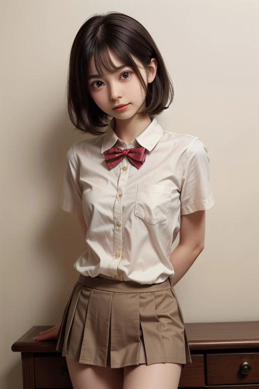 masterpiece、High resolution、Japanese Girls、12 years old、short、Please sit down、Show me your underwear、Cute light panties((school uniform、blouse、Check skirt))Spread your legs obscenely、Panties are digging in、Young Face、look forward to、ばだけたblouseから見える胸