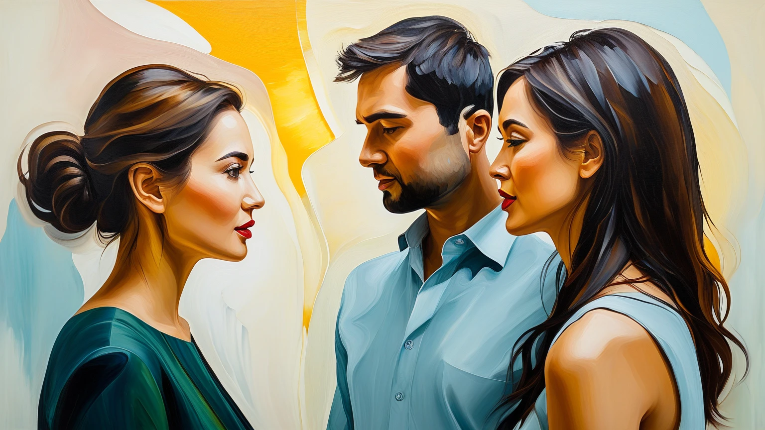 Pinte para mim: One man is cuddling with his wife and another man is watching the couple from afar. Estilo: " impressionismo". Pinte em 8K com cores vibrantes e bem definidas. Paint in a way that recognizes the characters easily and reveals the perfection of the facial expression of the characters.