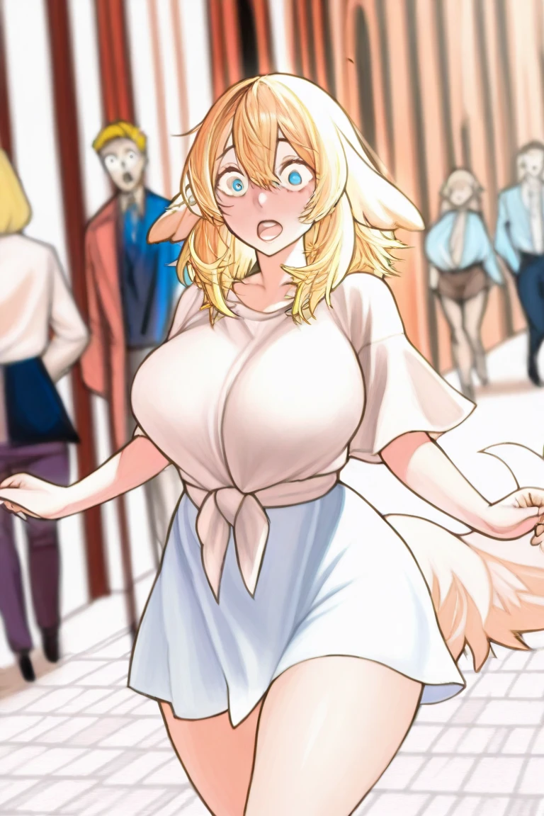 ((best quality)), ((masterpiece)), (detailed), perfect face, 18yo teen girl, skinny waist, skinny thighs, (((wearing only panties))), crowded street, (((embarrassed:1.5))), ((blushing:1.3)), blonde, braid, topless, walking