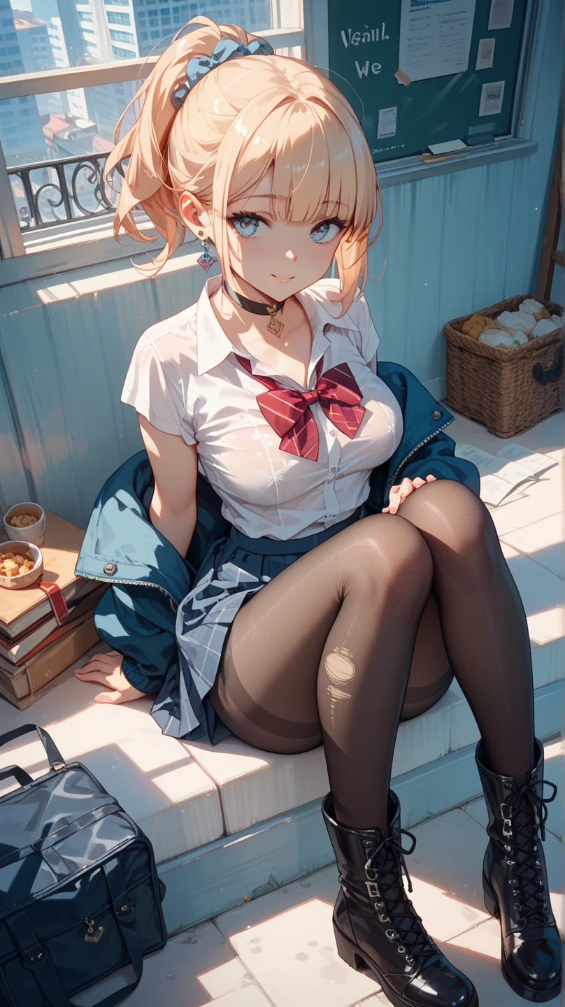 (masterpiece, best quality:1.5), (ultra detailed, high resolution, 8k, beautiful detailed, UHD, best anatomy), 1 cute girl, red hair, medium breasts, sleeves past fingers, sweatshirt, Flared skirt, boots, dazed look