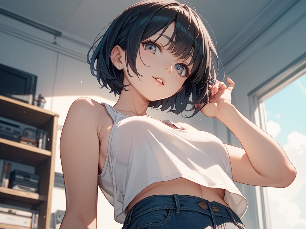 (8K、Highest quality、Highest quality、masterpiece)、Detailed face、One Girl、
(Brown Skin:1.2)、Black Hair、Bobcut、(Pink Eyes、Sweat:1.2)、Grin、(White tank top、Denim pants:1.2)、big 、Upper Body、