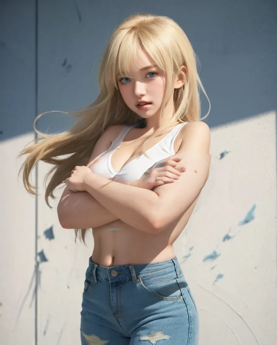 Unbeatable masterpiece, Ultra photo realsisim, Perfect artwork, Intricate details, Best quality, Strong light,High contrast, (Masterpiece)) , (Best quality) ,(illustration) , ((extremely detailed cg unity 4k wallpaper)) , ((ultra - detailed)) .(Cinematic lighting) , offcial art , Beautiful and detailed light , Dynamic Angle ,(Cinematic lighting) , hugefilesize ,Celluloid , (a extremely delicate and beautiful girl:1.2) , (Yellow hair) , Hair behind the ears , Straight hair , Purple eyes ,(white offshoulder shirt , halter neck , Loose fit cropped jacket , black sock ,
