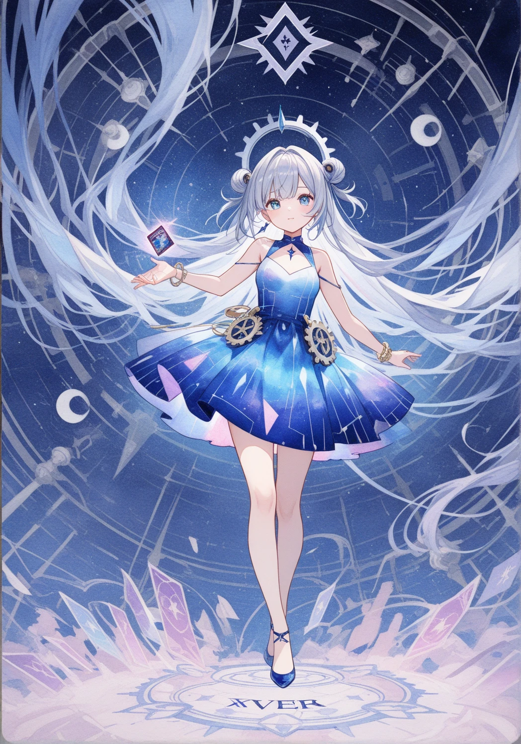 anime - style image of a woman in a dress with a sword, lunar themed attire, cute anime waifu in a nice dress, White-haired god, astral witch clothes, From Arknights, Beautiful celestial mage, White dress!! of silver hair, from girls frontline, trending on artstation pixiv, azur lane style, A scene from the《azur lane》videogame，high-definition picture quality，Cosmic background map