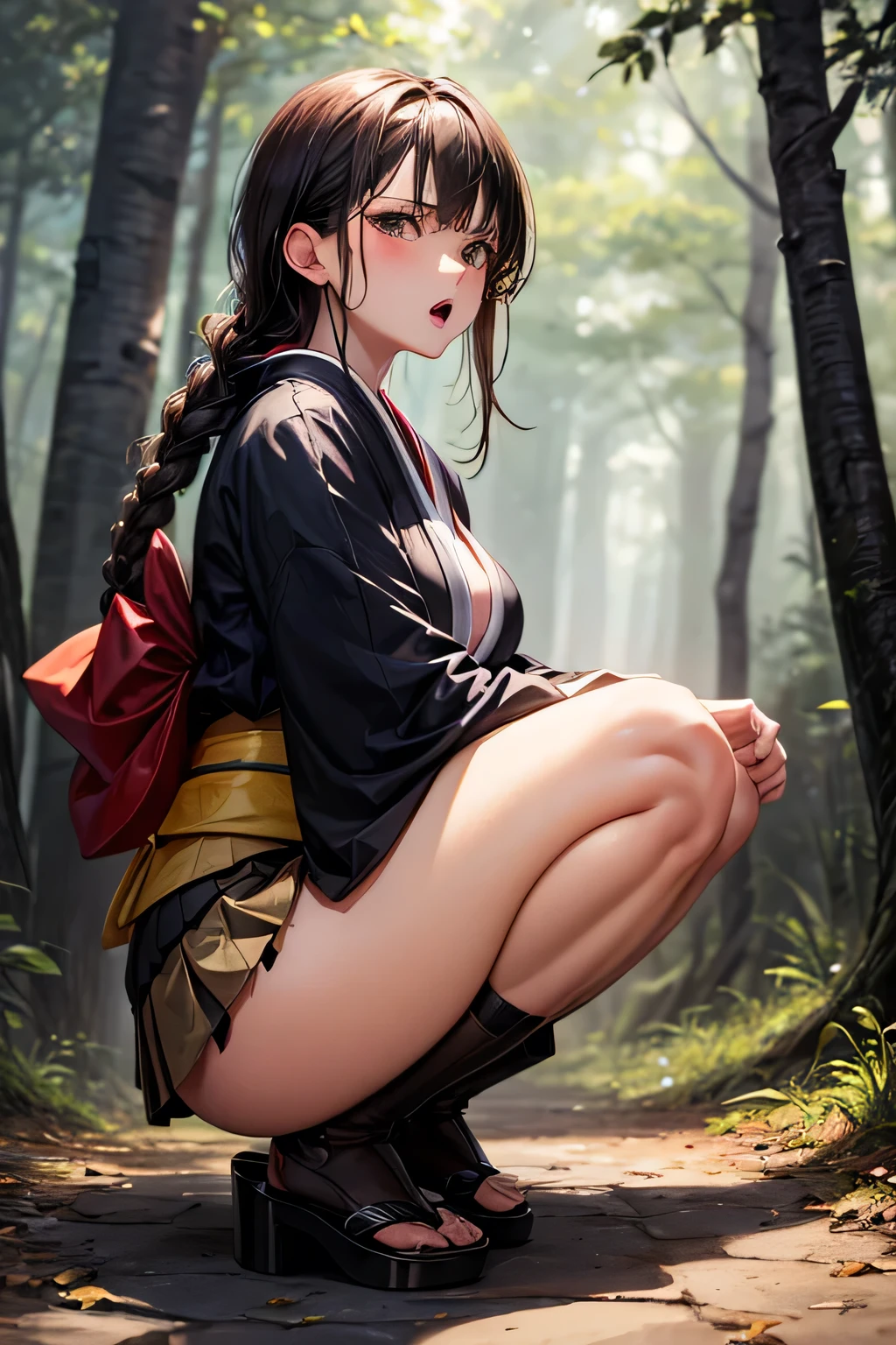 ultra-detailed,best quality,masterpiece,ultra-detailed,high resolution,extremely detailed CG,perfect anatomy,detailed,cinematic lighting,beautiful detailed eyes,ultra high res,1girl,(18 years old:1.4),gleaming skin,oil skin,sweat,humid,trembling,strong light coming in,spot lighting,bright,clothed,cowboy shot,Female Swordsman,(Torn Kimono:1.5),Covered in wounds,Torn clothing,(Female Samurai:1.3),(Holding a broken Japanese sword:1.5),(Night Grassland:1.6),(fear:1.8),(despair:1.8),defeat,ass pov,sit,spread legs,(Dirt-stained skin:1.5),(Dirt-stained clothes:1.5),looking at viewer,Black Hair,(loincloth:1.5),(Astonishment:1.8),(Subjective:1.4),(fear:1.5)