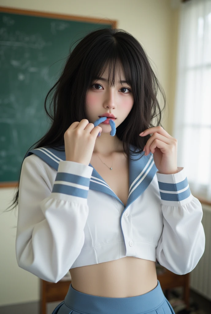 ((masterpiece, 最high quality, 8k, One Girl, Blowjob Pose、penis))、high quality、masterpiece、Ultra-high resolution、beautiful girl、beautiful girl顔、Cute girl face、Wear a sailor uniform、School Swimsuit、、Twin tails