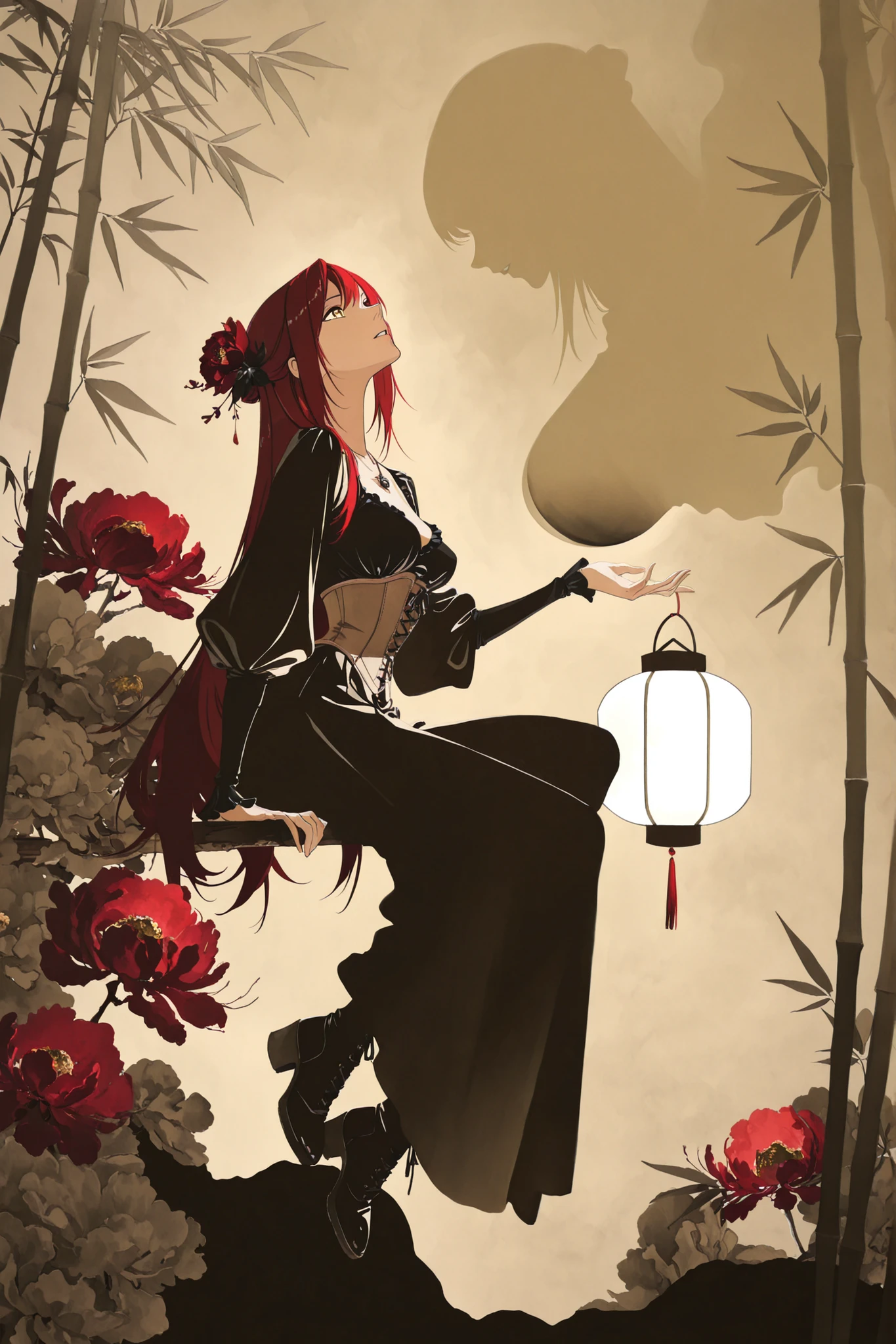nikki (series), ArsMJStyle, Zen Ink Wash Sumi-e, 1 girl ,golden eyes , very long hair , long sidelocks, red hair ,half updo, petite , very cute , beautiful ,Straight hair, cool, handsome, hair ween eyes, , mediumlarge breast, cool, beautiful, hair flower, Canna-Lilie, light brown vintage blouse with open shoulders and lantern sleeves, brown vintage-gothic lace-up corset, long black gothic skirt with ruffles, heeled boots, white theme, light brown theme, necklace, bamboo, flower, hair flower, red flower, peony (flower), hair ornament, weimao, hagoromo, yaopei, zhijupao, leg ribbon, solo, full body, sitting, head tilt, looking away, parted lips, from side, ((dynamic angle)), dynamic pose, outdoors, nature, (blending, surreal:1.3), masterpiece, best quality, amazing quality, very aesthetic, 8k, HDR, cinematic,