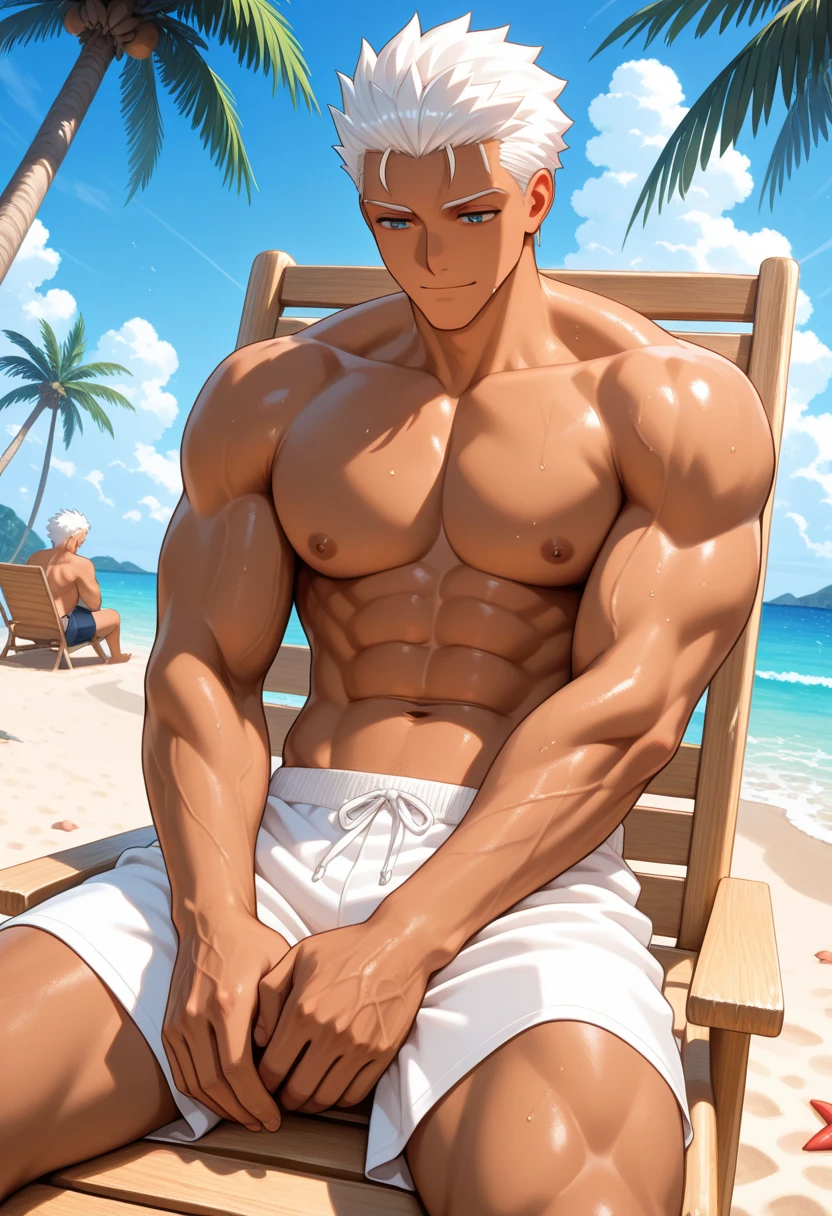 ((Masterpiece、high resolution、High definition、32K))、((Sitting on a rock))、1 young man、Grin、Cropped silver hair、Golden Eyes、(((Topless)))、Shorts、((High-top sneakers))、Muscular build、((Provoking gestures))、Summer blue sky、smile、Staring at me、