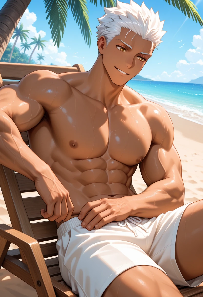 high quality, flexing, (dark skin japanese teen boy), (detailed blue eyes), (black short hair), (muscle), (naked), (dark shiny skin), (detailed puffy nipples), looking at viewer, beach, (dark blue thong, bulge), (smirk),