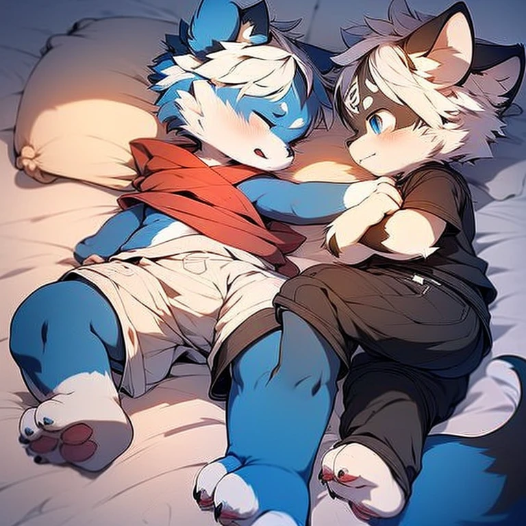 Blue fur, Canine, fox motif, Couple of girls and boys, uniform、Hand in hand,Both of them are crying,many tears come out of my eyes,bed,