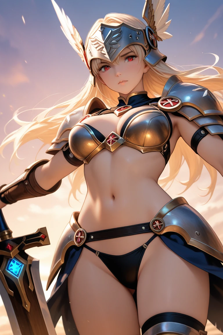 Very detailed、highest quality、Best image quality、masterpiece、8k、Anime Face、A kind smile、Open your mouth、Sparkling blue eyes、(Blonde wavy hair:1.5)、、Muscles of the whole body、camisole、Thigh belt、mini skirt、(Wearing red bikini armor:1.5)、(Cowboy Shot:1.5)、(Leg armor:1.5)、(Wearing a helmet:1.5)