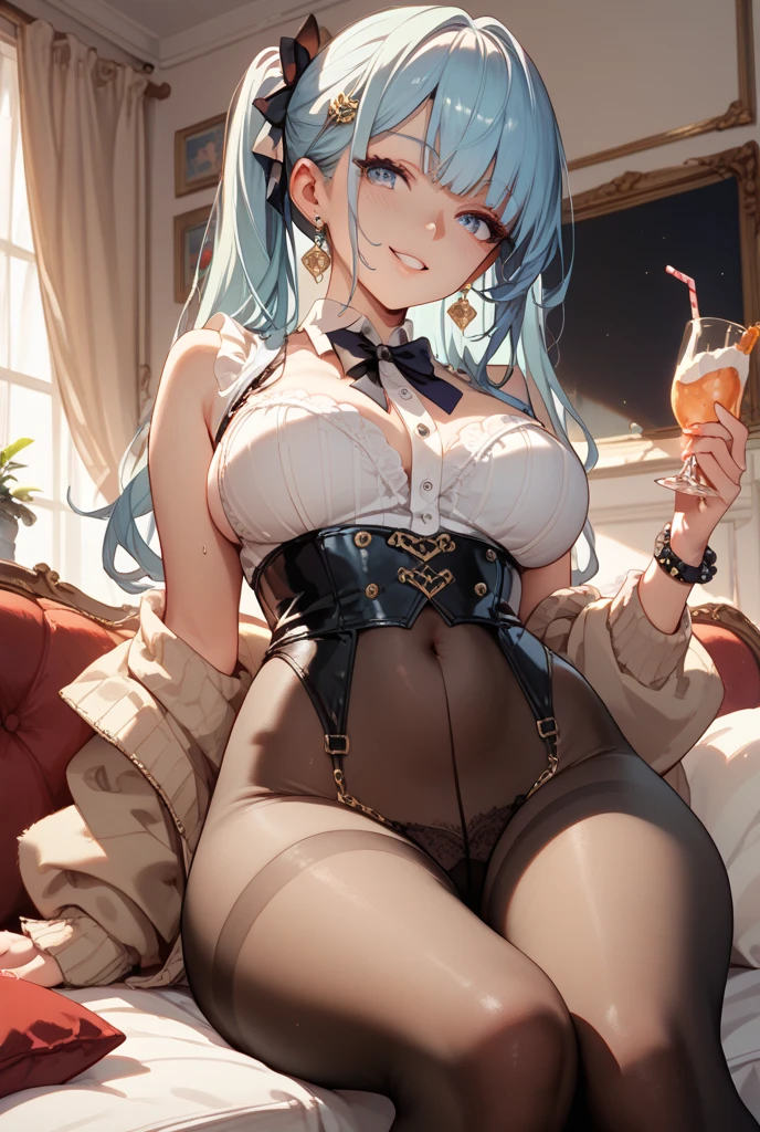 (masterpiece), (best quality), (Very detailed), (Dirty hair), (illustration), (1 girl) (Long gray hair 1.5) (blue eyes), ((((No shoulders))),Hanfu, (Looking at the audience, (interview), ( background), Beautiful and delicate eyes, Delicate and beautiful face, spiked (High Saturation), (Colorful flash), Colorful bubbles, (flash), Facial highlights, PerfectNwsjMajic, Unemployed, Autumn clothes, For the masses, Perfect body, Happy, Warm smile, whole body, Tights, Tea, table, house,Pregnant,Big breasts