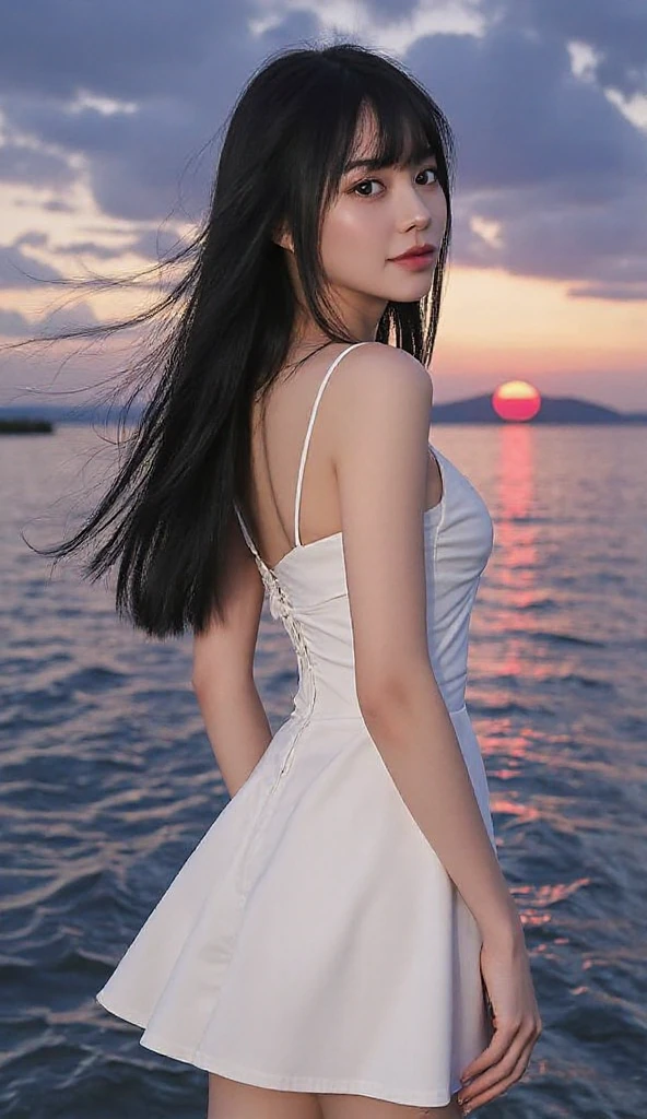 (top-quality,8K,​masterpiece:1.3),(超A high resolution,Photorealsitic:1.4,RAW shooting),(ultra-detailliert,Caustics,perfect anatomia),(hyper detailed background,Ultra-realistic capture,beautifully detailed eyes),Stand on the pier above the sea,turned around,Backshots,Looking at the camera,1 girl,japanes,20yr old,kawaii,smil,pretty black hair,Long hair fluttering in the wind,White Dress,BREAK,beautiful ocean,,at the sunset,Sunset sky,(Sunset over the horizon),Water surface reflecting the setting sun,Magic Hour,Back lighting,The dim,pale light