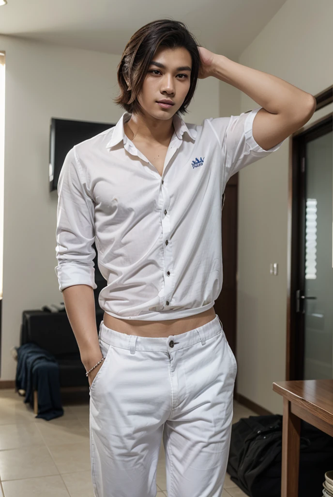 Teenager Thai Men ,1boy ,MATHAYOM UNIFORM WHITE SHIRT SHORT SLEEVES ,((very tight micro latex thong)) , big bulge , seducing pose , photorealistic , real men, good quality , high quality , high resolution , ((nsfw)) , (unbutton shirt) , gay , slutty boy , pornographic , sexy