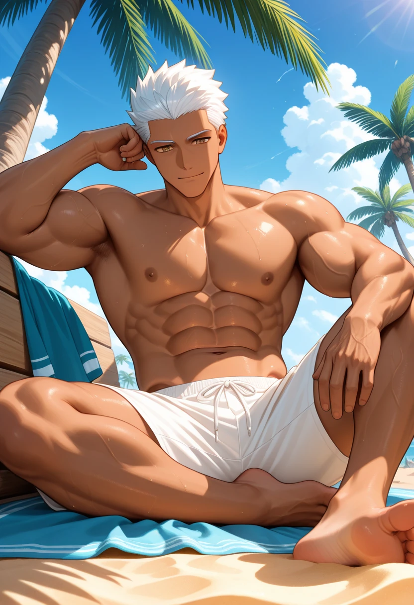 A muscular man with blue eyes and long white hair in swim trunks is lounging at the beach