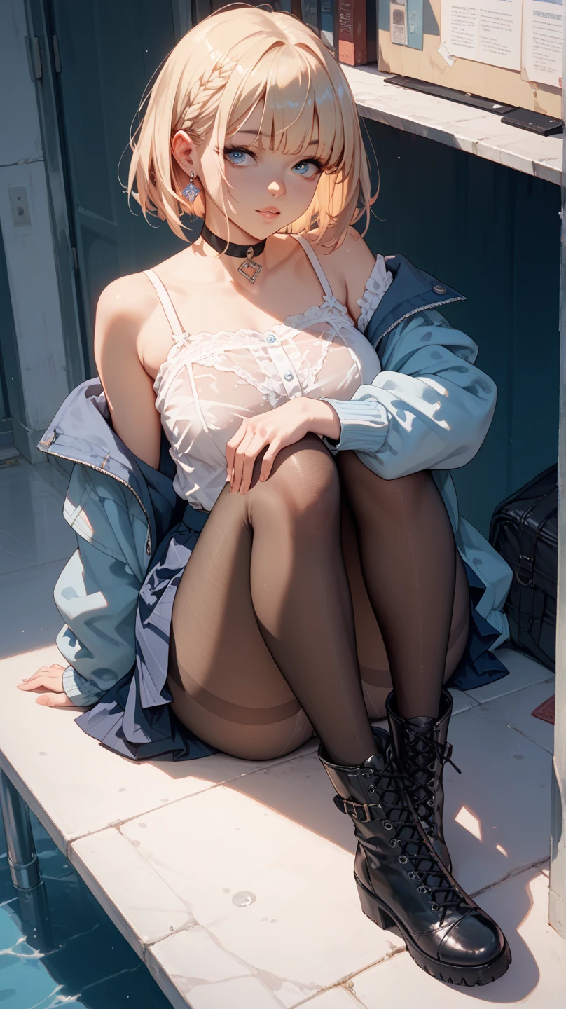 (anise、One Woman、10 years old、smile、Blonde、Thin glasses、Facing forward)、(White clothes、See-through shirt、Short pleated skirt in blue、Pink underwear、socks)、(Inside a skyscraper office at night)、(Sit with your legs apart)、(Hands tied and restrained)